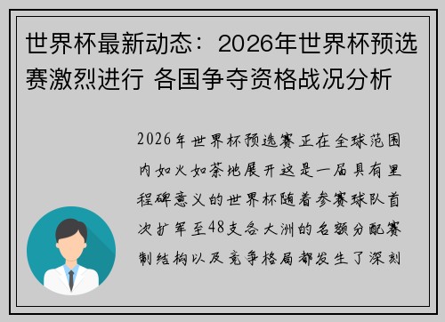 世界杯最新动态：2026年世界杯预选赛激烈进行 各国争夺资格战况分析