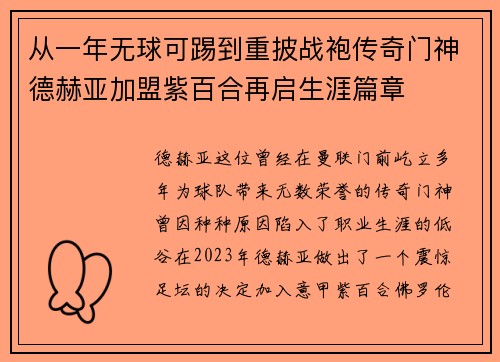 从一年无球可踢到重披战袍传奇门神德赫亚加盟紫百合再启生涯篇章