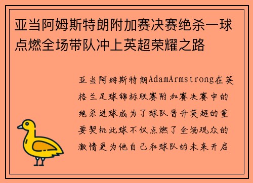 亚当阿姆斯特朗附加赛决赛绝杀一球点燃全场带队冲上英超荣耀之路